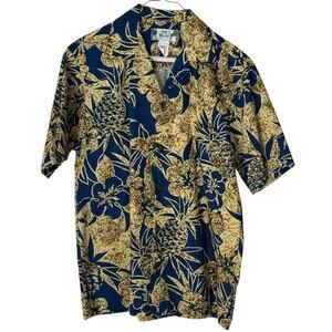 Two Palms Hibiscus Pineapple Blue Gold Patterned Hawaiian Shirt Small Cotton